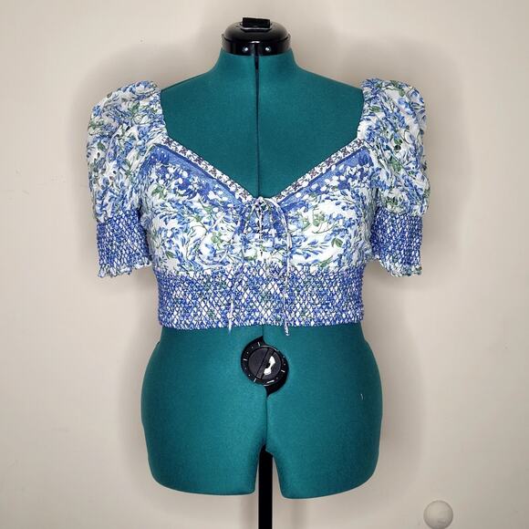 NWT Alice Olivia XL Blue Crawford Lace Up Smocked Top Milkmaid Country Cottage - Picture 2 of 9